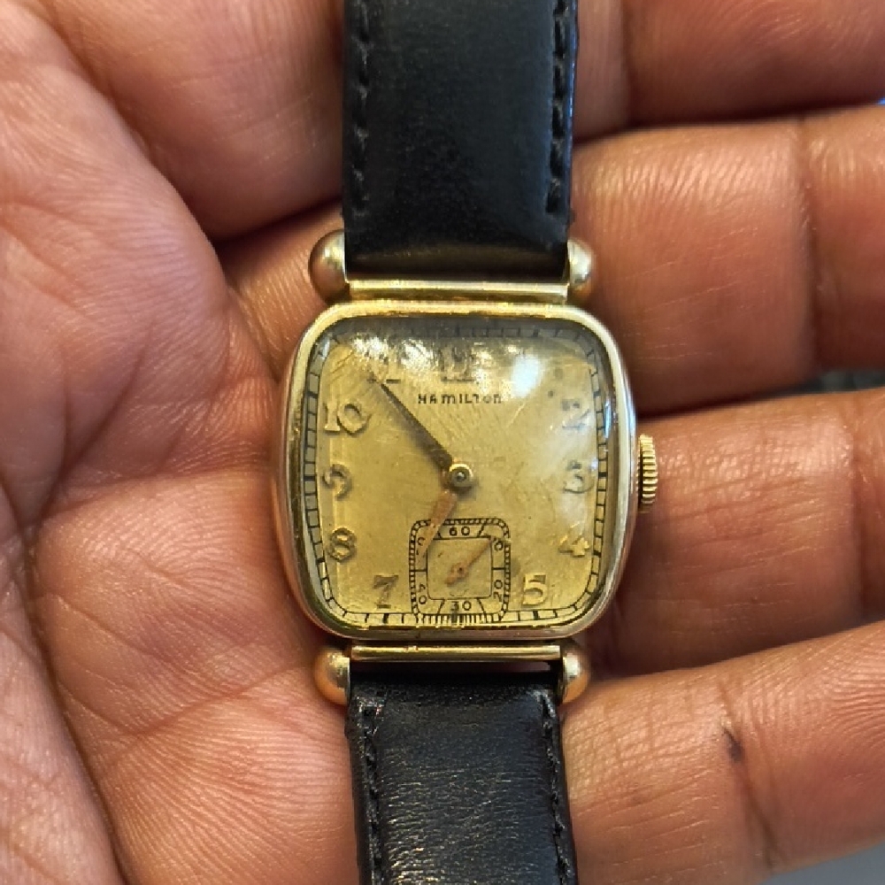 Hamilton Gold Tone Watch with Black Leather Strap